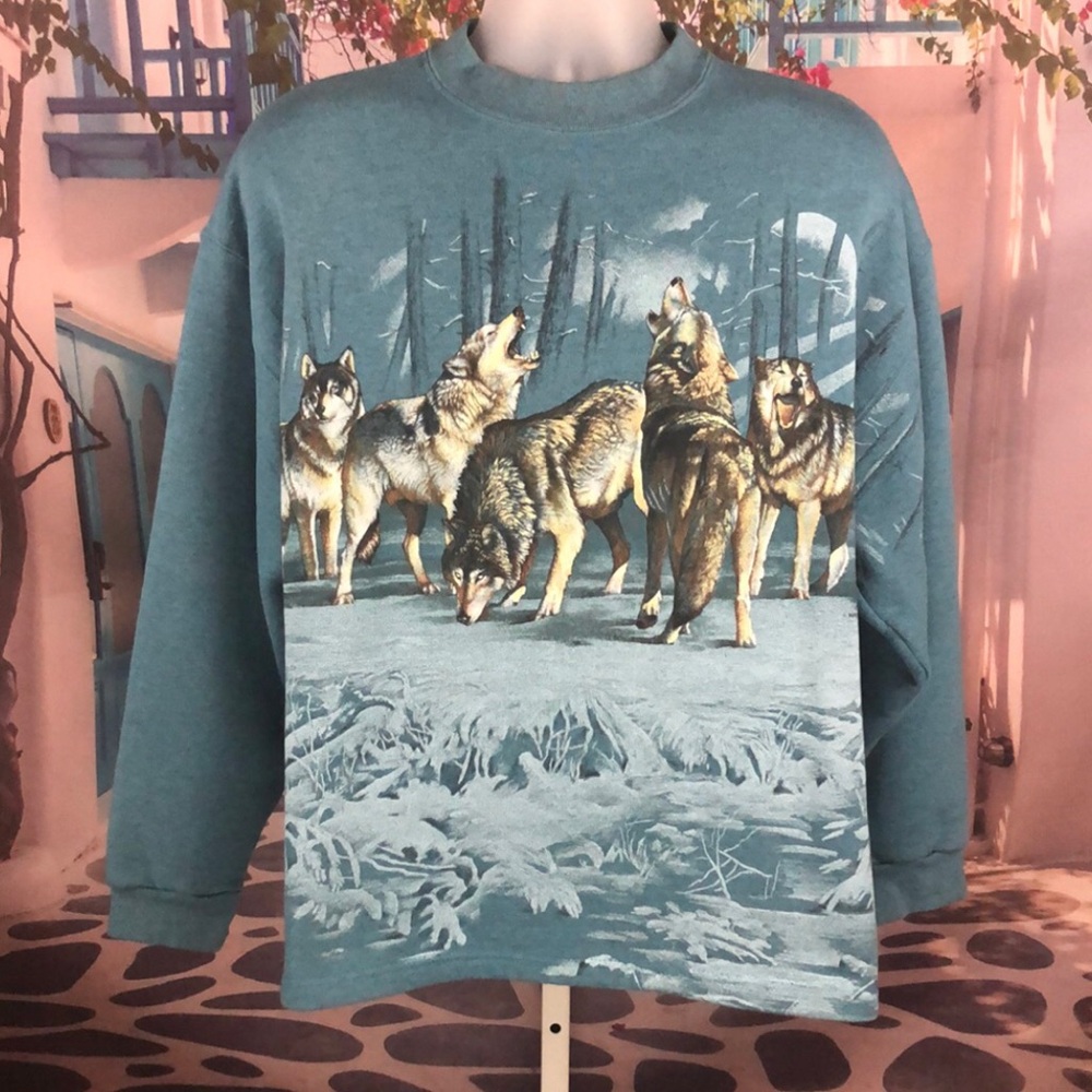 ✨Habitat Vintage Wolf Pack Graphic Teal Fleece Sweatshirt